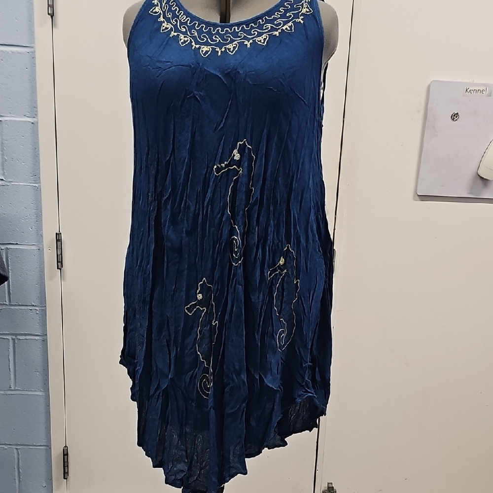 Navy Blue Embroidered Sleeveless Dress